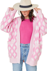 Pink Rhombus Pattern Knit Open Front Pocketed Cardigans Cardigans JT's Designer Fashion
