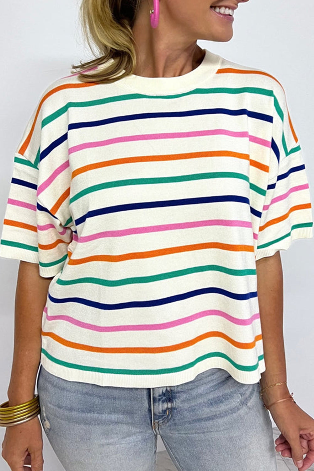 Beige Stripe Dropped Short Sleeve Boxy Fit Knitted Top Sweaters & Cardigans JT's Designer Fashion