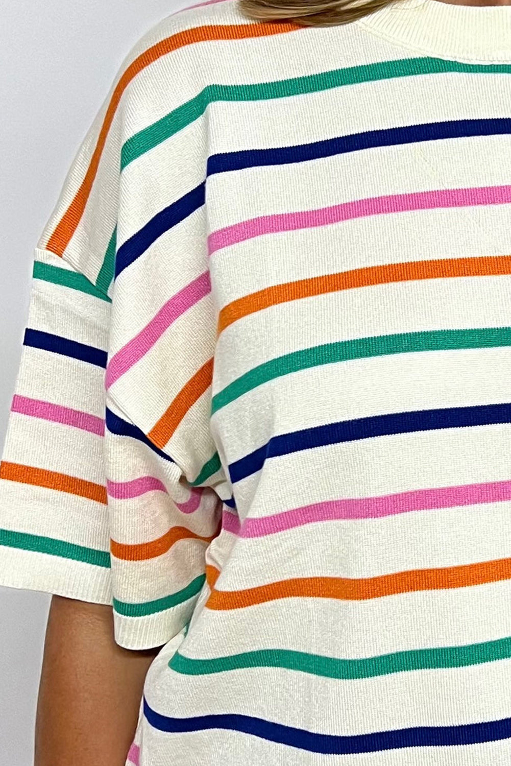 Beige Stripe Dropped Short Sleeve Boxy Fit Knitted Top Sweaters & Cardigans JT's Designer Fashion