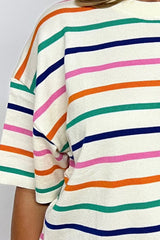 Beige Stripe Dropped Short Sleeve Boxy Fit Knitted Top Sweaters & Cardigans JT's Designer Fashion