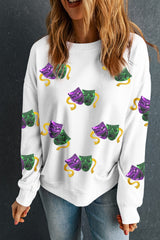 White Sequined Mardi Gras Mask Pattern Drop Shoulder Sweatshirt Graphic Sweatshirts JT's Designer Fashion