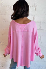 Bonbon Waffle Knit Exposed Seam High Low Top Long Sleeve Tops JT's Designer Fashion