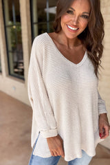 White Waffle Knit Side Slits Loose Fit V Neck Top Long Sleeve Tops JT's Designer Fashion