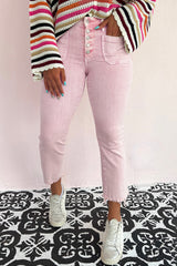 Apricot Pink Multi Buttons Raw Edge Crop Jeans Jeans JT's Designer Fashion
