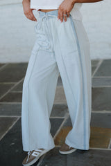 Beau Blue Light Wash Contrast Trim Center Seam Drawstring Elastic Waistband Wide Leg Denim Pants Jeans JT's Designer Fashion