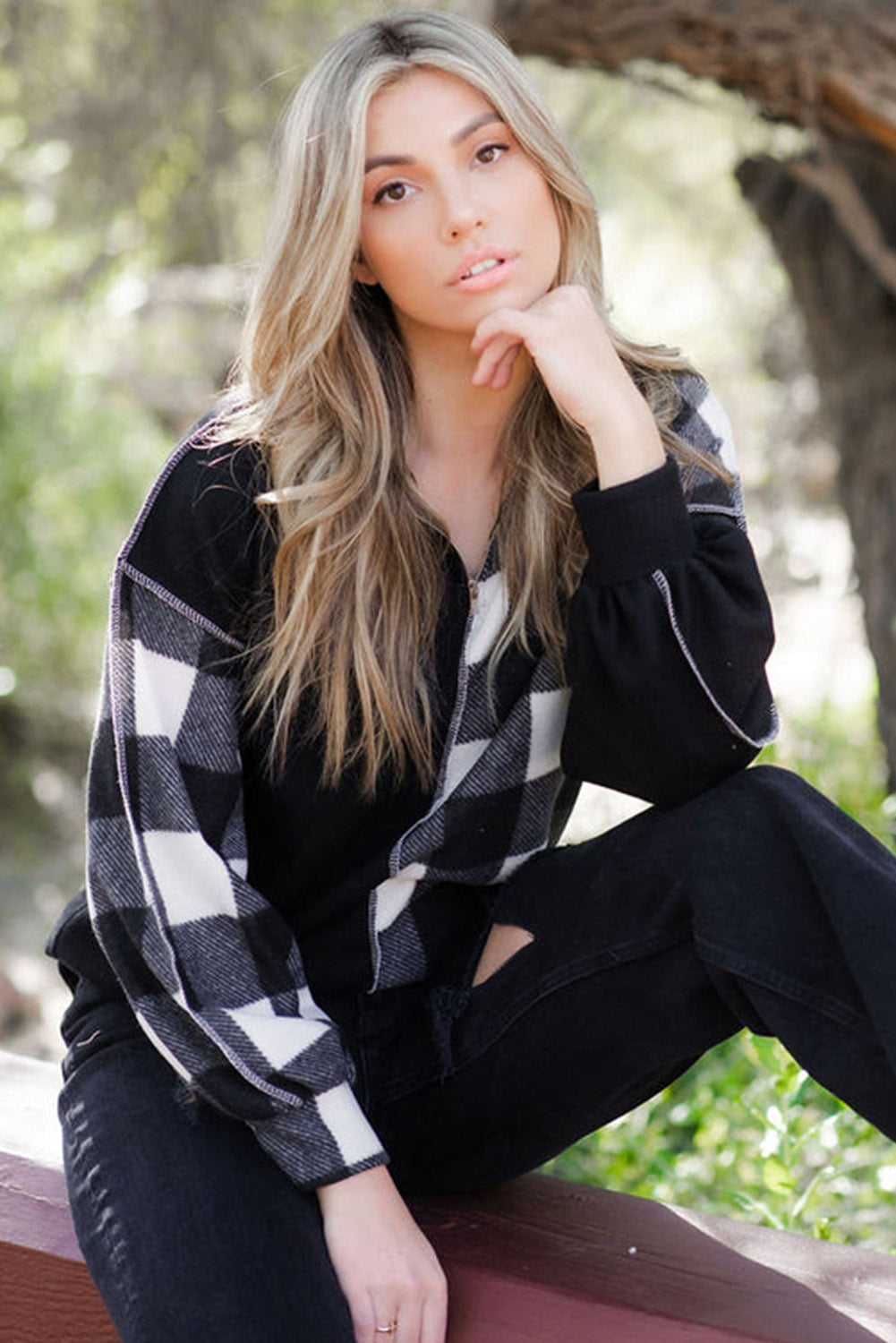 Black Checkboard Patchwork Exposed Stitching Collared Top Long Sleeve Tops JT's Designer Fashion