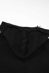 Black V Neck Ribbed Drop Shoulder Hooded Sweater Sweaters & Cardigans JT's Designer Fashion