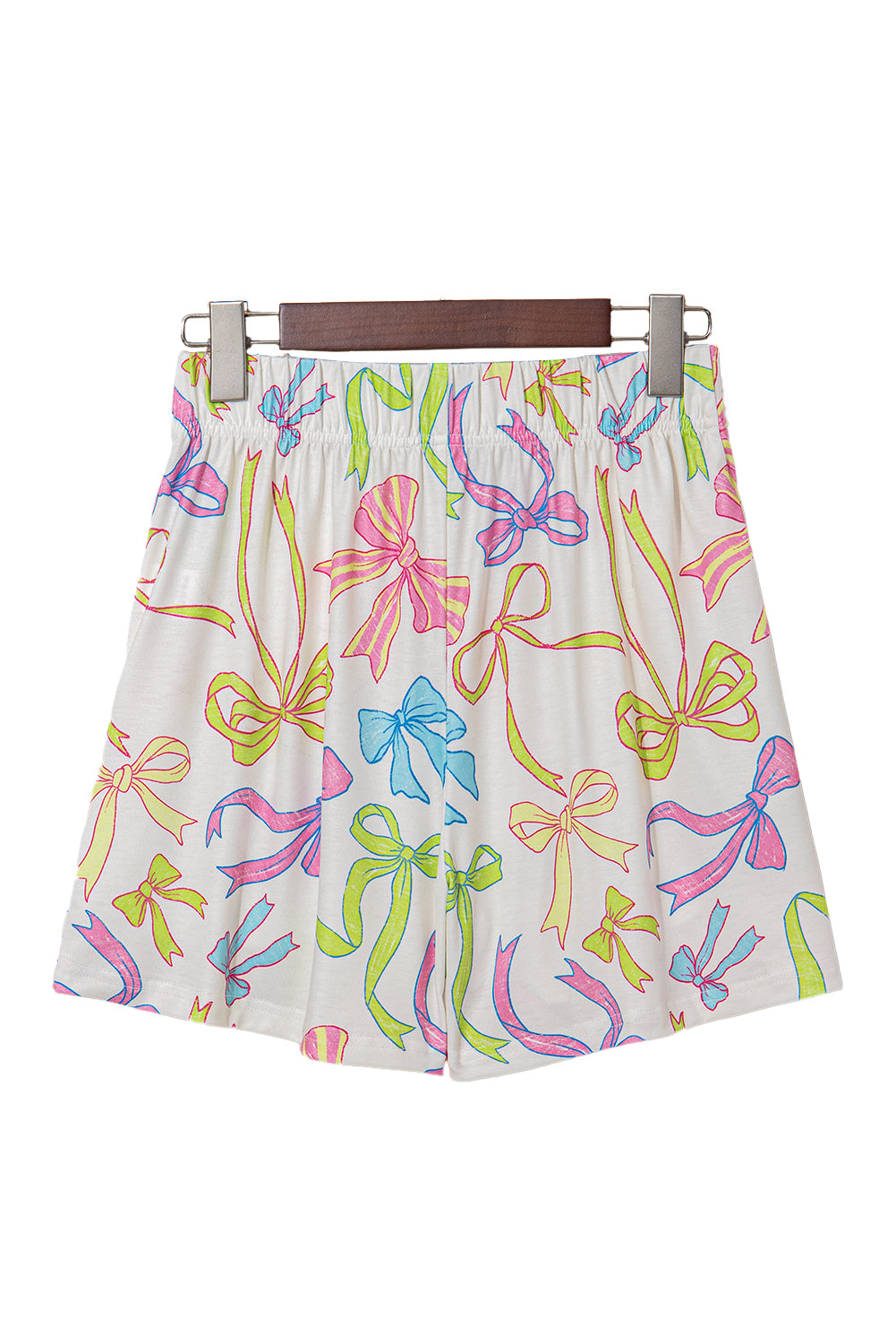 White Cheerful Bow Print Elastic Pull On Casual Shorts Casual Shorts JT's Designer Fashion