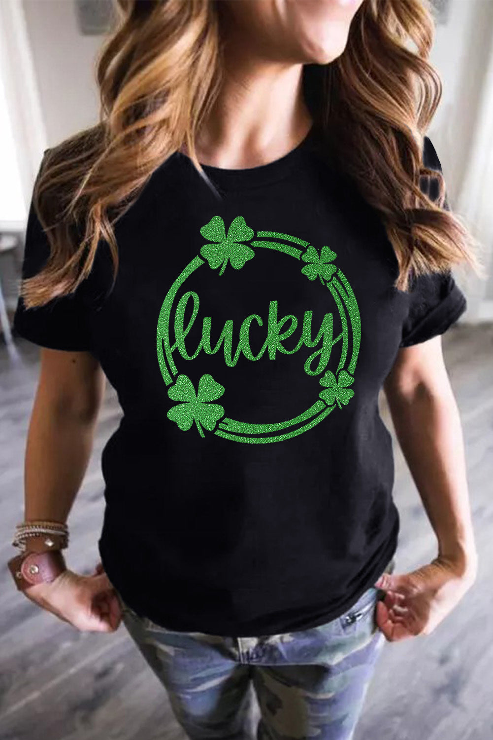 Black St Patrick Sequin Lucky Clover Print Short Sleeve T-shirt Graphic Tees JT's Designer Fashion