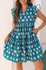 Blue Retro Floral Print Split Neck Ruffle Short Sleeve Dress Floral Dresses JT's Designer Fashion