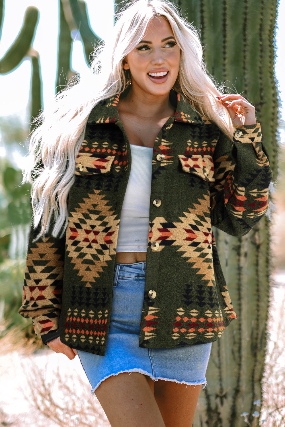 Green Aztec Print Flap Pockets Long Sleeve Shacket Green 100%Polyester Jackets JT's Designer Fashion