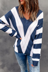 Blue Striped Colorblock V Neck Knitted Sweater Sweaters & Cardigans JT's Designer Fashion