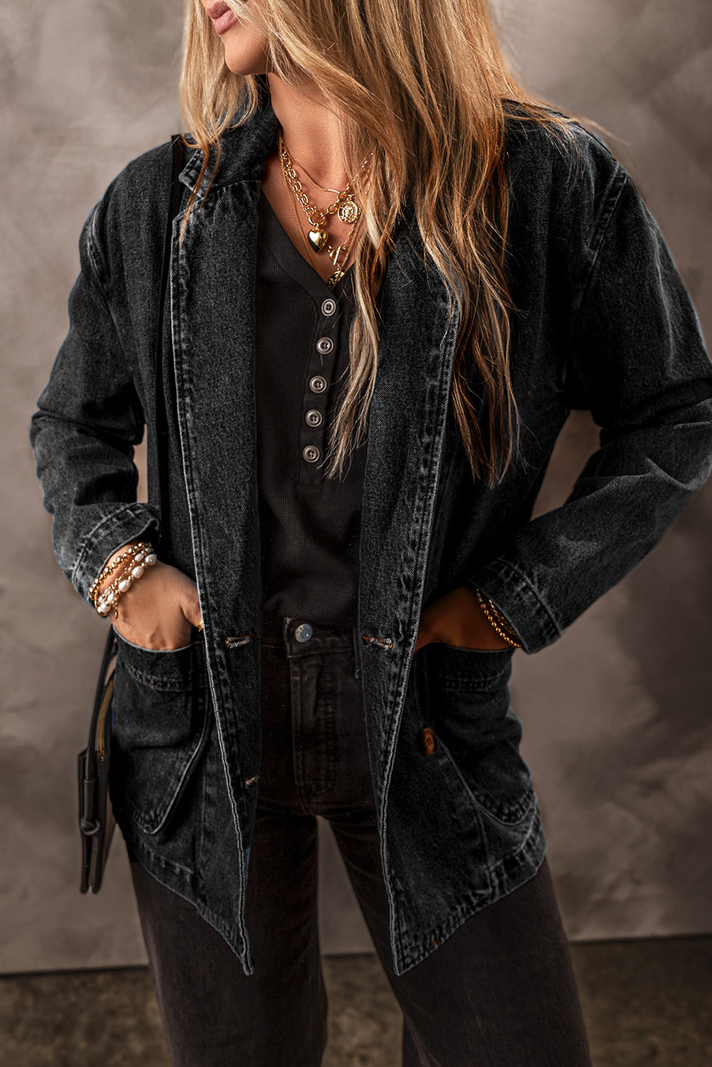 Black Side Pockets Lapel Collar Denim Jacket Denim Jackets JT's Designer Fashion