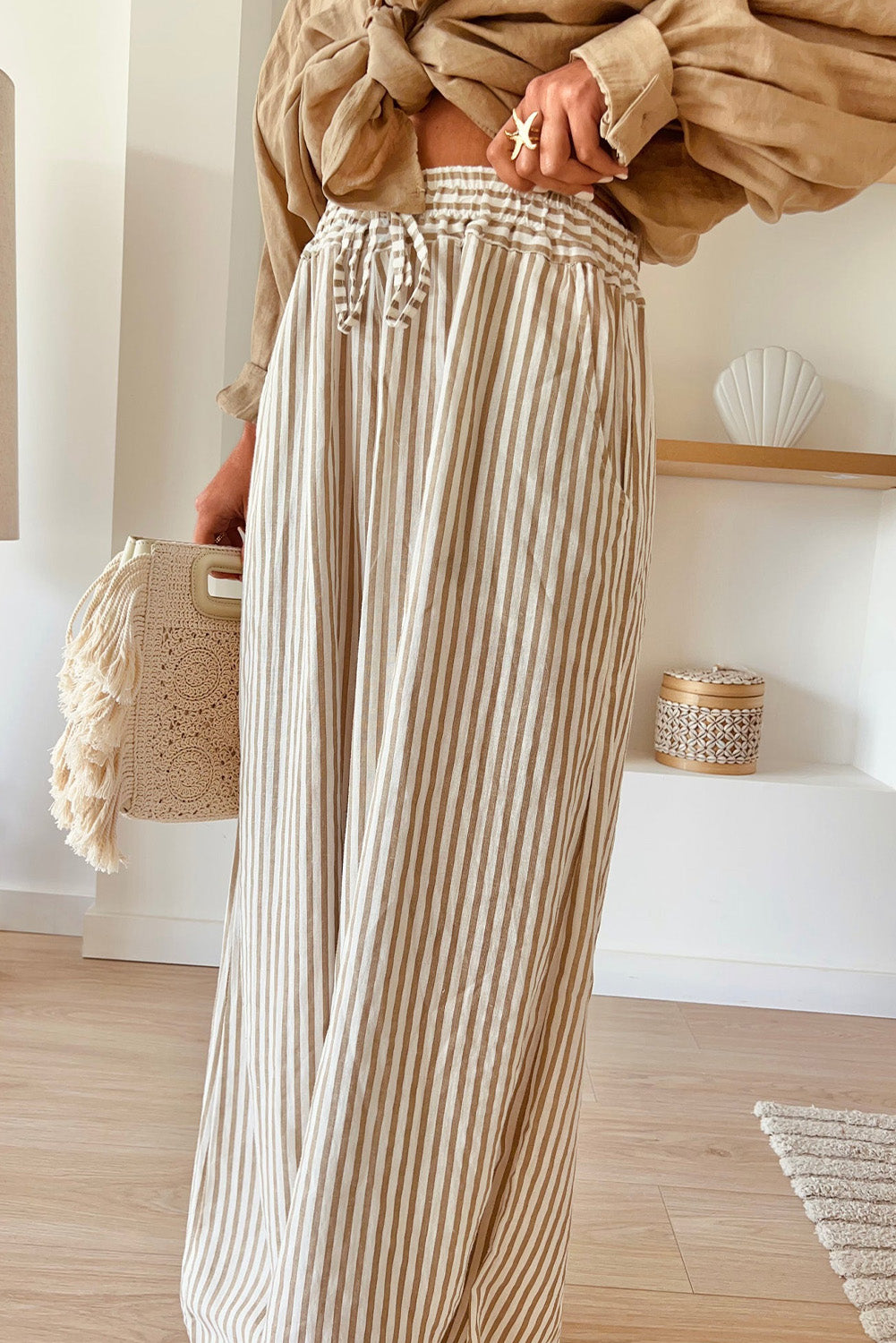 Khaki Stripe Loose Drawstring Pants Bottoms JT's Designer Fashion
