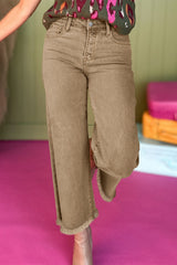 Light French Beige Acid Washed High Rise Cropped Wide Leg Jeans Jeans JT's Designer Fashion