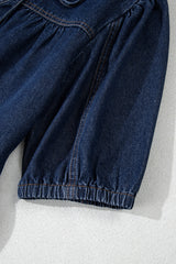 Sail Blue Puff Sleeve Lace-up Neckline Splicing Denim Blouse Blouses & Shirts JT's Designer Fashion