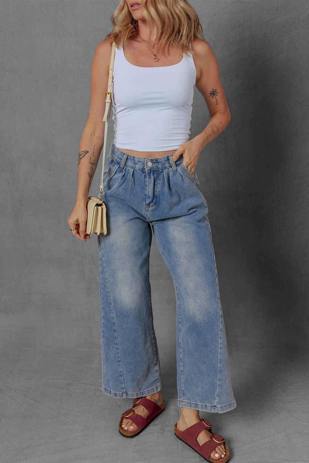 Ashleigh Blue Washed Pleated Detail Wide Leg Jeans Jeans JT's Designer Fashion
