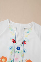 White Floral Print Boho Tassel Tie Split Neck Tucking Detail Puff Sleeve Mini Dress Mini Dresses JT's Designer Fashion