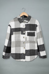 Gray Plaid Color Block Buttoned Long Sleeve Jacket with Pocket Plaid Shackets JT's Designer Fashion