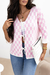 Light Pink Checkered Knitted Lace-up Ruffled 3/4 Sleeve Cardigan Cardigans JT's Designer Fashion