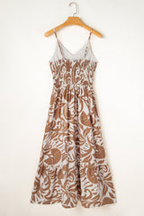 Khaki Floral Shirred High Waist Spaghetti Straps Maxi Dress Floral Dresses JT's Designer Fashion