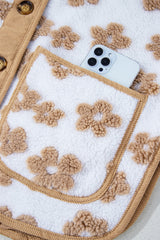 Light French Beige Cute Flower Pattern Button Up Fleece Jacket Jackets JT's Designer Fashion