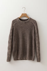 Dark Brown Contrast Cable Knit Sleeve Casual Sweater Sweaters JT's Designer Fashion