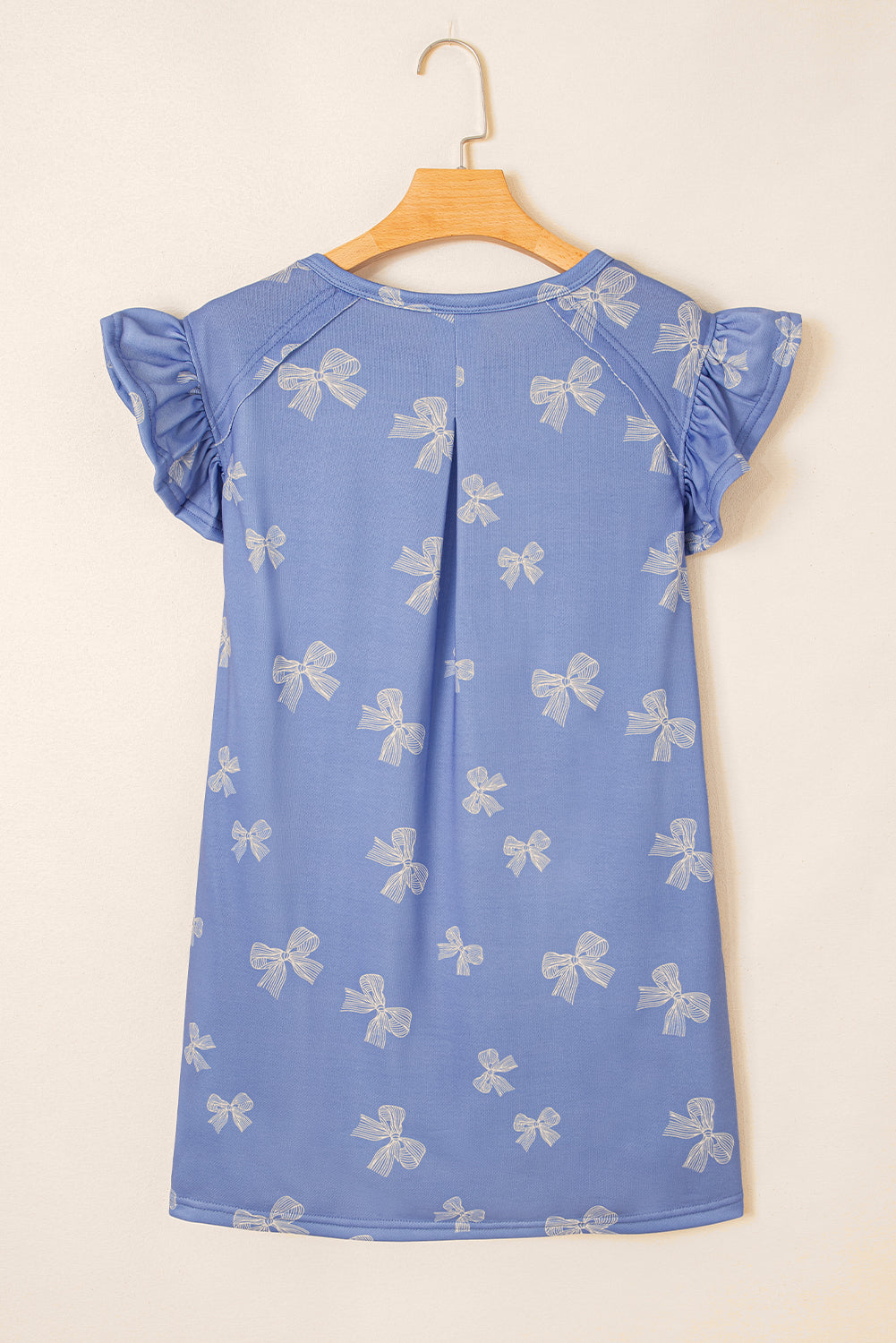 Sky Blue Bow Knot Print Crewneck Ruffled Sleeve Shift Mini Dress Dresses JT's Designer Fashion