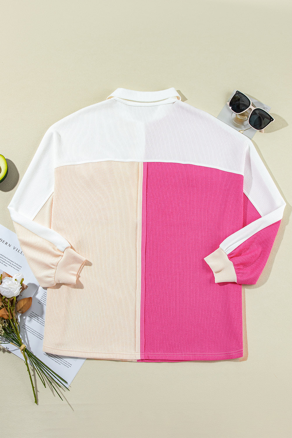 Rose Red Colorblock Ribbed Collared Oversized Sweatshirt Sweatshirts & Hoodies JT's Designer Fashion