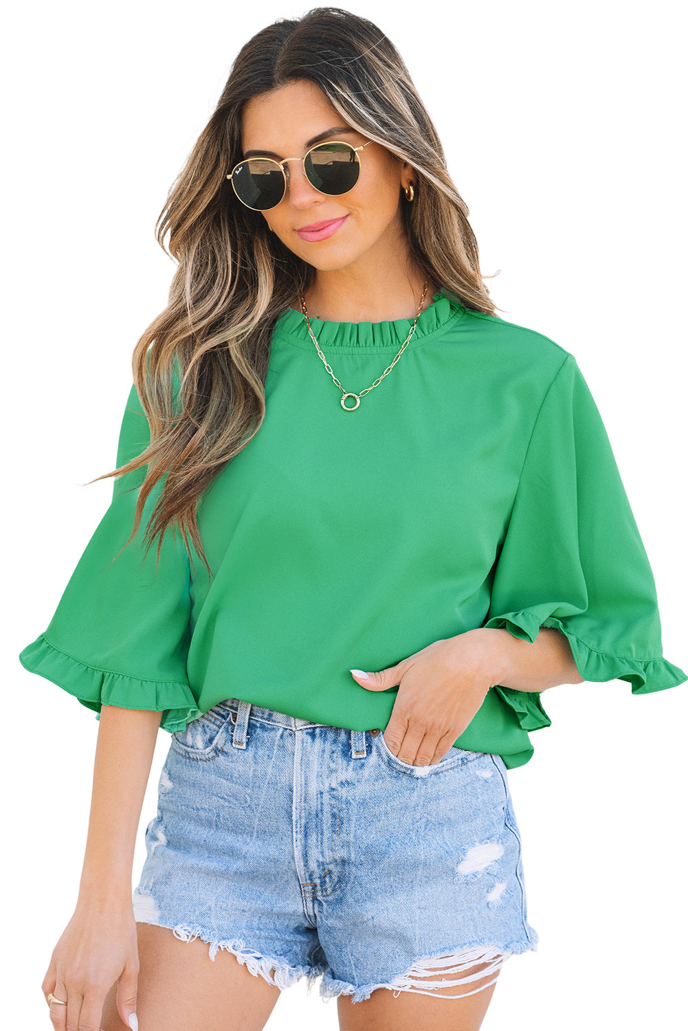 Green Frilly Round Neck Wide Half Sleeve Blouse Blouses & Shirts JT's Designer Fashion