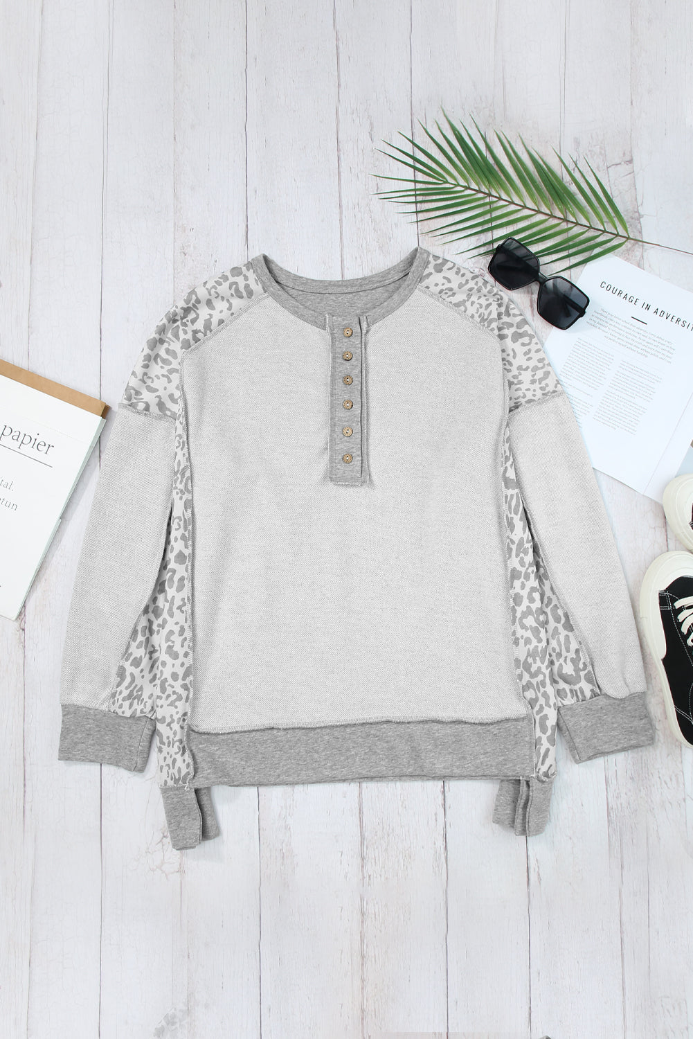 Gray Leopard Patchwork Exposed Seam Buttoned Neck Sweatshirt Sweatshirts & Hoodies JT's Designer Fashion