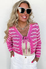 Pink Stripe Crochet Scalloped Trim Lace-up Front Cropped Cardigan Cardigans JT's Designer Fashion
