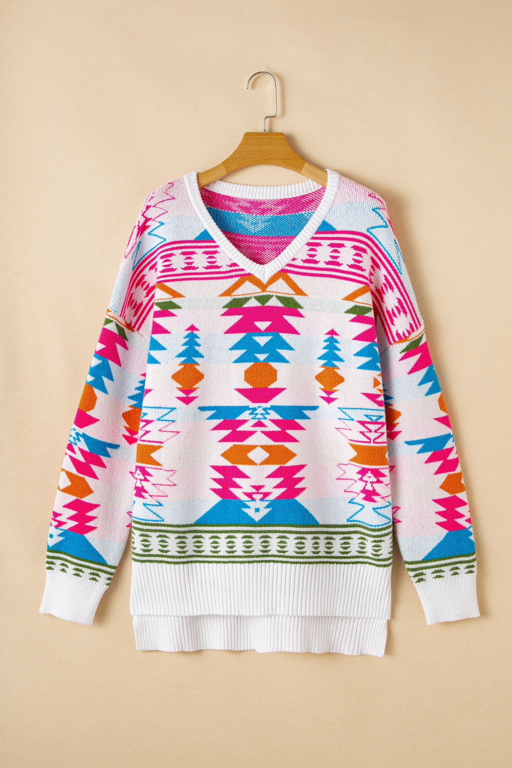 White Oversize Aztec Print High Low V Neck Sweater Sweaters JT's Designer Fashion