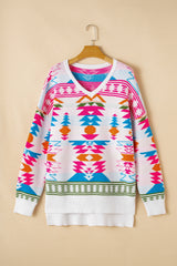 White Oversize Aztec Print High Low V Neck Sweater Sweaters JT's Designer Fashion