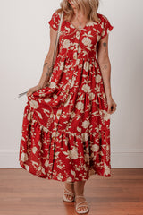 Red Floral Print Buttoned Front V Neck Tiered Short Sleeve Midi Dress Midi Dresses JT's Designer Fashion