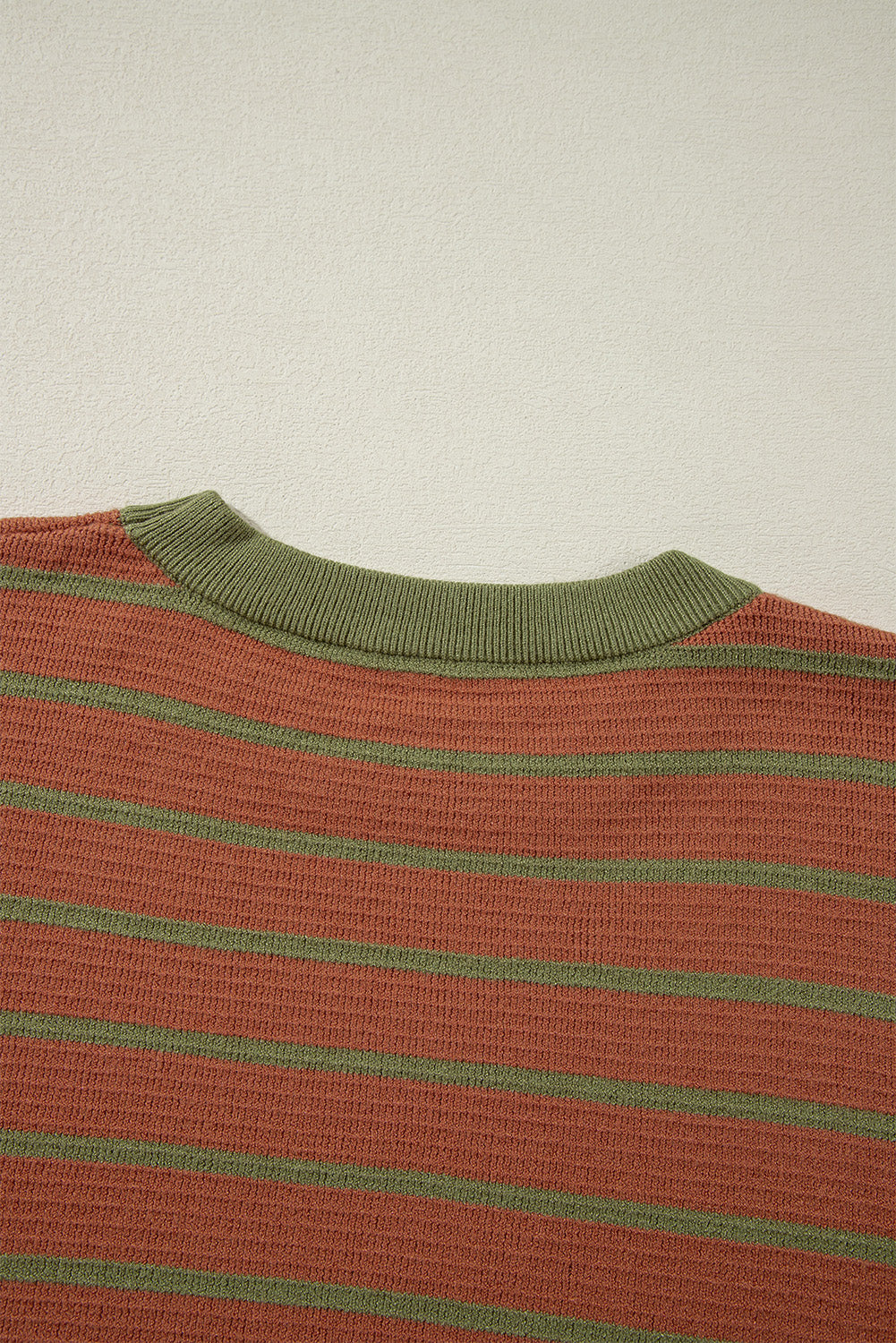 Brown Stripe Trimmed Round Neck Drop Shoulder Loose Sweater Sweaters JT's Designer Fashion