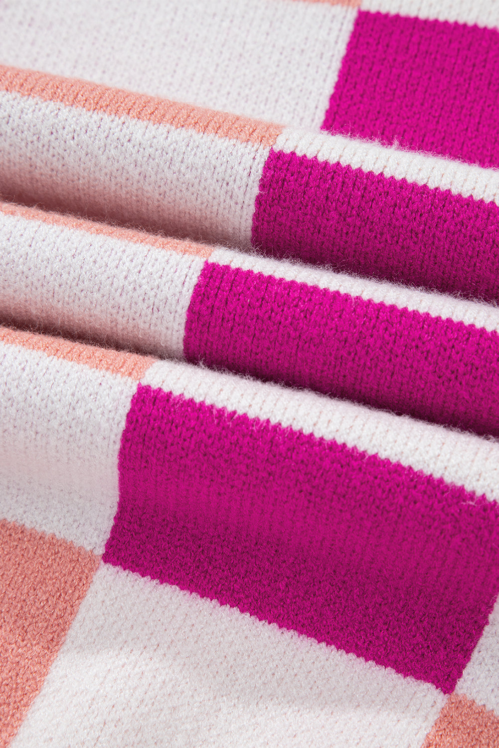 Pink Checkered Ribbed Edge O Neck Drop Shoulder Sweater Sweaters JT's Designer Fashion