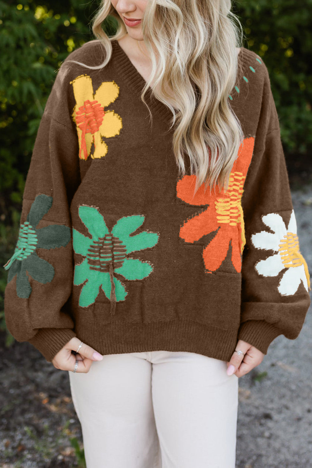 Coffee Big Flower Pattern V Neck Drop Shoulder Sweater Sweaters JT's Designer Fashion