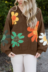 Coffee Big Flower Pattern V Neck Drop Shoulder Sweater Sweaters JT's Designer Fashion