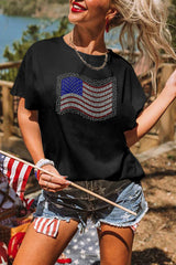 Black Rhinestone American Flag Casual Round Neck Tee Graphic Tees JT's Designer Fashion