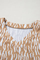 Khaki Abstract Print V Neck Short Sleeve Shift T Shirt Dress T Shirt Dresses JT's Designer Fashion