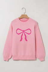 Pink Bow Graphic Drop Shoulder Round Neck Sweater Sweaters JT's Designer Fashion