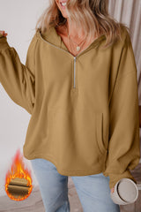 Brown Fleece Lined Half Zipper Kangaroo Pockets Loose Hoodie Sweatshirts & Hoodies JT's Designer Fashion