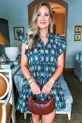 Blue Retro Floral Print Split Neck Ruffle Short Sleeve Dress Floral Dresses JT's Designer Fashion
