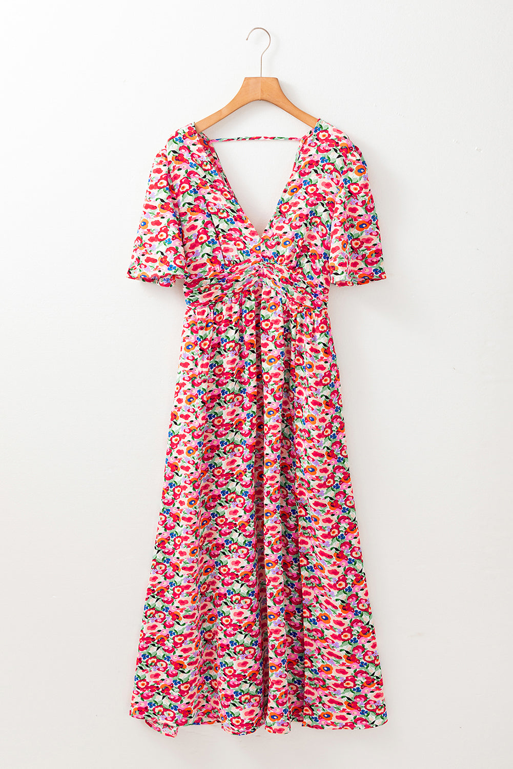 Red Floral Half Sleeve Deep V Neck Cutout Back Split Maxi Dress Floral Dresses JT's Designer Fashion