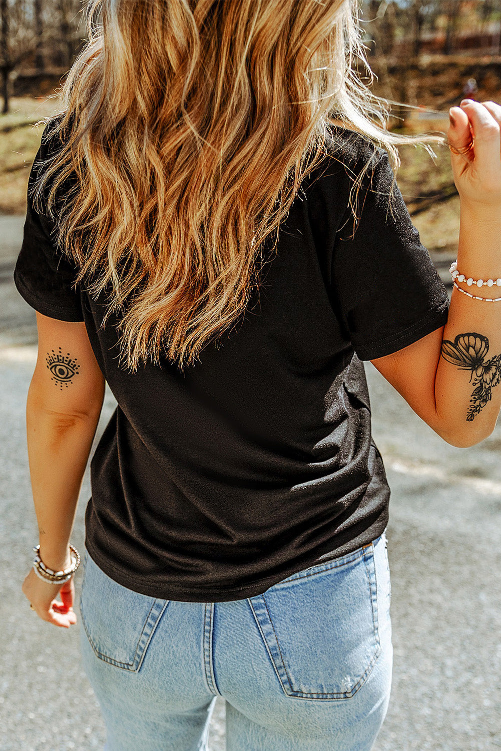 Black Rhinestone American Flag Casual Round Neck Tee Graphic Tees JT's Designer Fashion