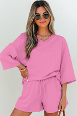Bonbon Solid Loose V Neck Half Sleeve Tee and Shorts Bonbon 75%Polyester+20%Cotton+5%Elastane Short Sets JT's Designer Fashion