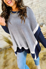Blue Stripe Color Block Patchwork Dolman Oversize Tunic Sweater Blue Stripe 52%Viscose+26%Polyester+22%Polyamide Sweaters JT's Designer Fashion