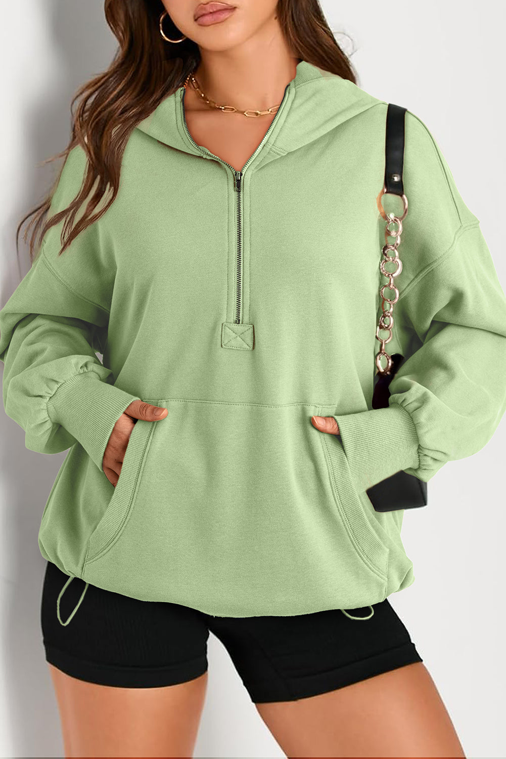 Smoke Green Solid Kangaroo Pocket Half Zipper Oversized Hoodie Sweatshirts & Hoodies JT's Designer Fashion