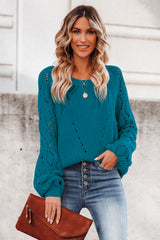 Blue Hollow-out Puffy Sleeve Knit Sweater Sweaters JT's Designer Fashion
